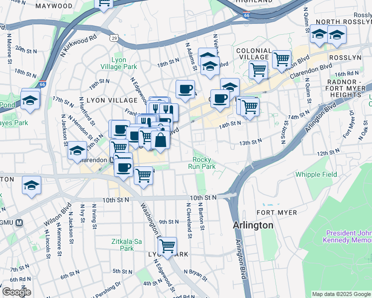 map of restaurants, bars, coffee shops, grocery stores, and more near 2542 Fairfax Drive in Arlington