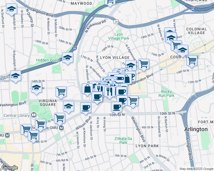 map of restaurants, bars, coffee shops, grocery stores, and more near 1200 North Herndon Street in Arlington