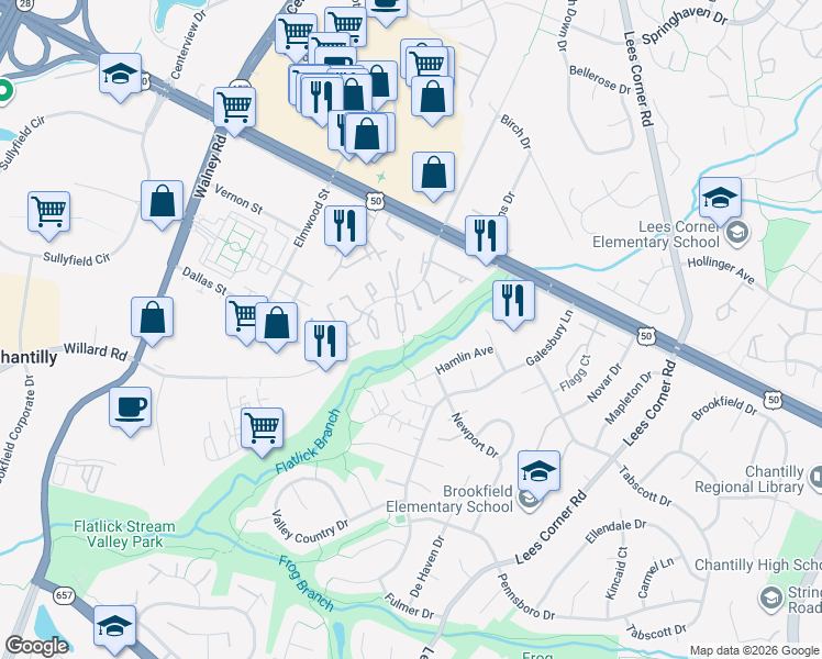 map of restaurants, bars, coffee shops, grocery stores, and more near 4143 Placid Lake Court in Chantilly
