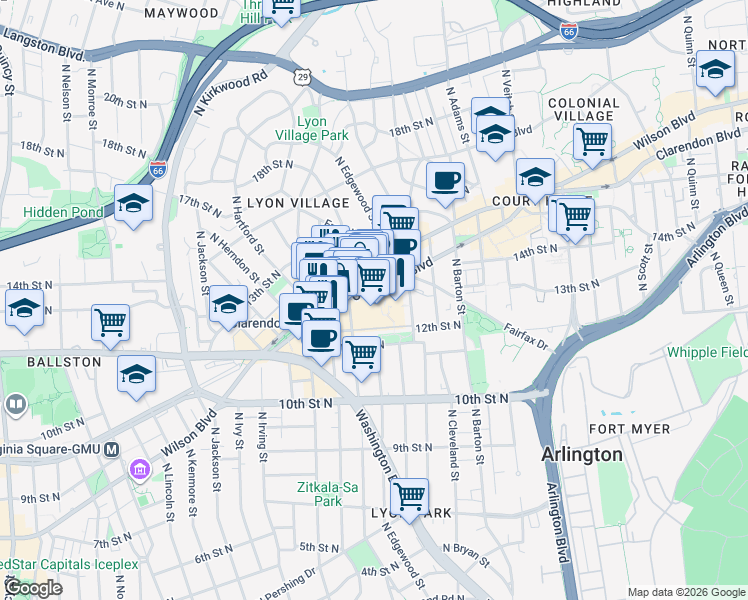 map of restaurants, bars, coffee shops, grocery stores, and more near 2800 Clarendon Boulevard in Arlington