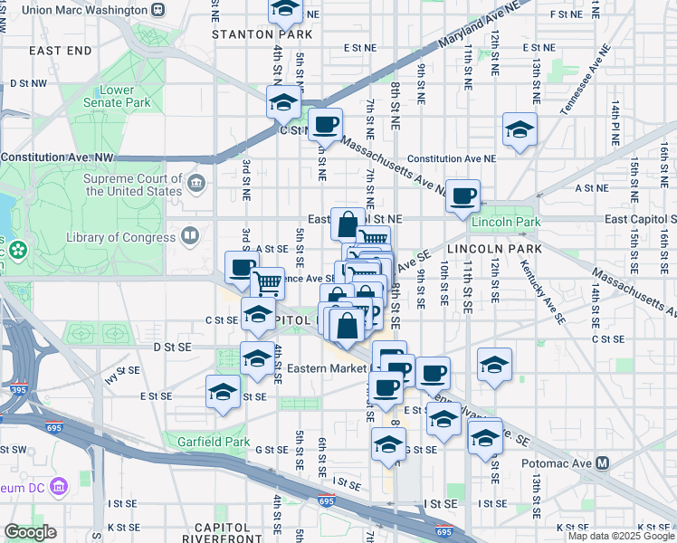map of restaurants, bars, coffee shops, grocery stores, and more near 626 Independence Avenue Southeast in Washington