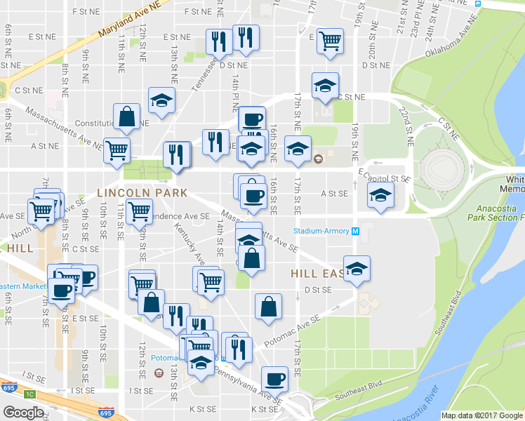 map of restaurants, bars, coffee shops, grocery stores, and more near 101 Independence Avenue Southeast in Washington