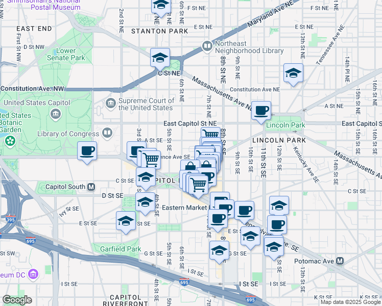 map of restaurants, bars, coffee shops, grocery stores, and more near 626 Independence Avenue Southeast in Washington