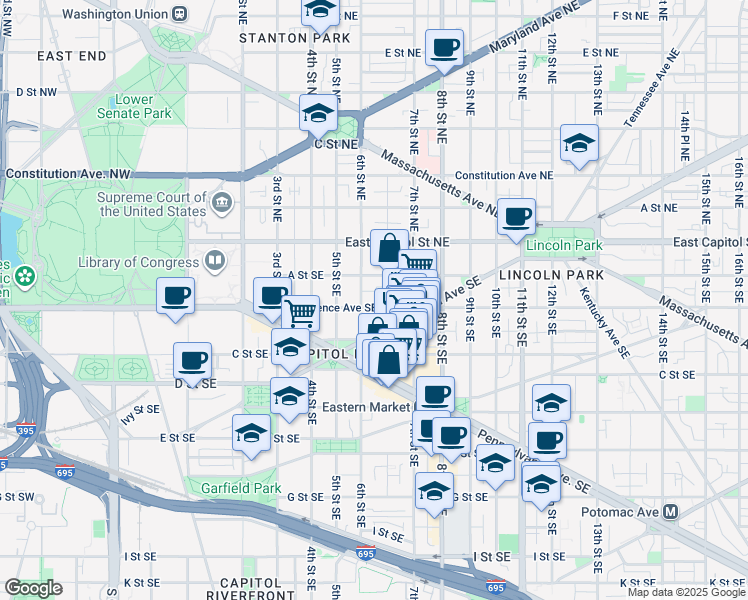 map of restaurants, bars, coffee shops, grocery stores, and more near 614 Independence Avenue Southeast in Washington