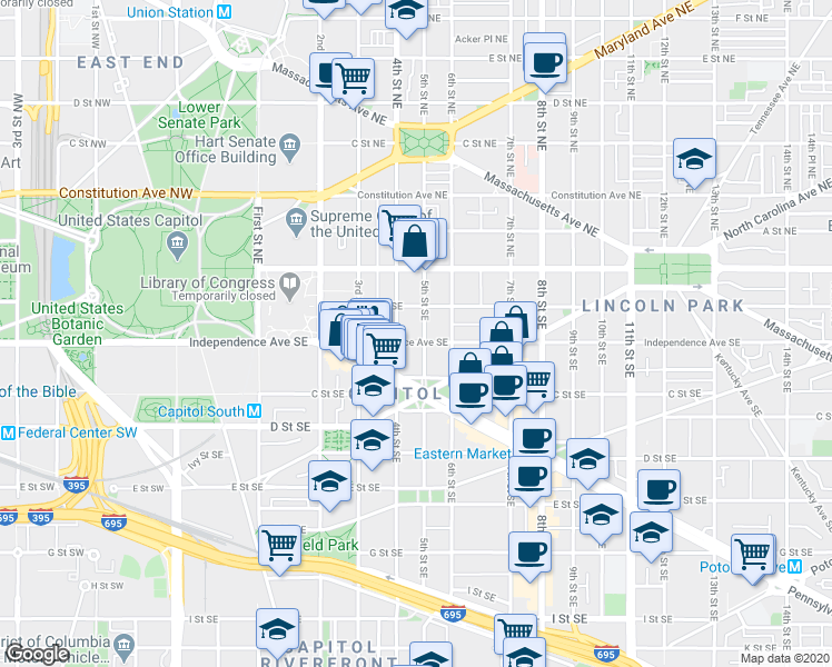 map of restaurants, bars, coffee shops, grocery stores, and more near 418 Independence Avenue Southeast in Washington