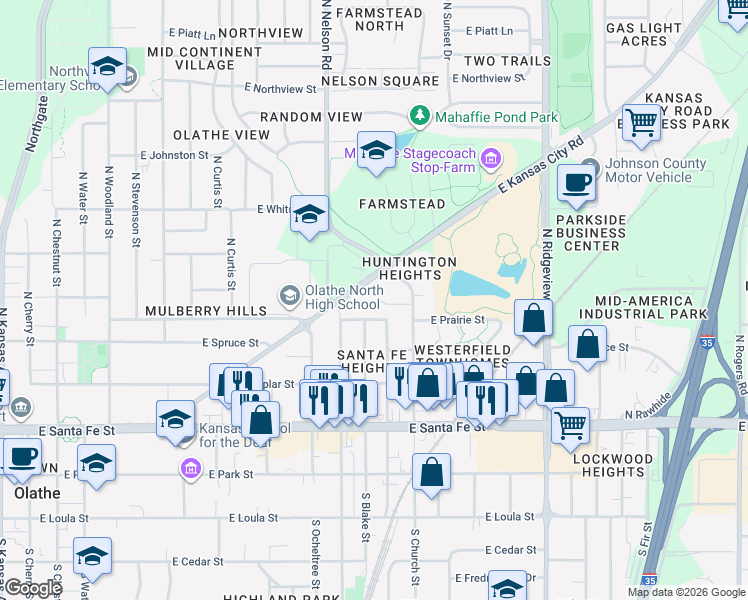 map of restaurants, bars, coffee shops, grocery stores, and more near 1013 East Huntington Place in Olathe