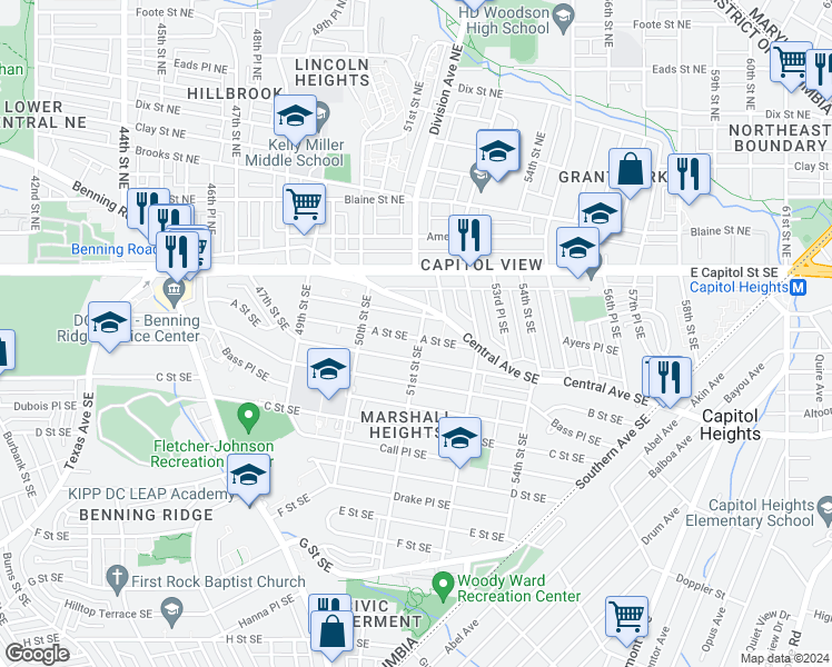 map of restaurants, bars, coffee shops, grocery stores, and more near 5056 A Street Southeast in Washington
