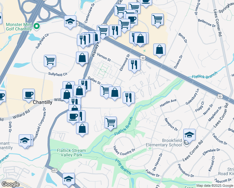 map of restaurants, bars, coffee shops, grocery stores, and more near 13985 Khalid Lane in Chantilly