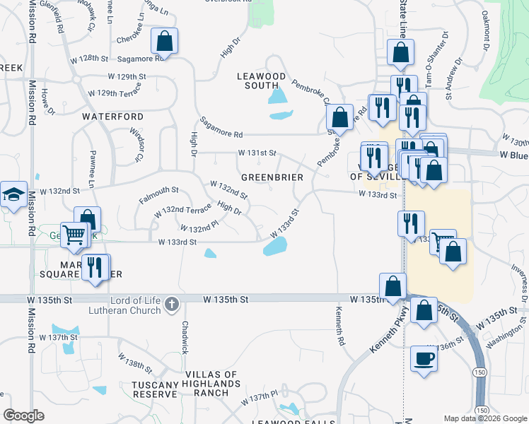 map of restaurants, bars, coffee shops, grocery stores, and more near 13287 High Drive in Leawood