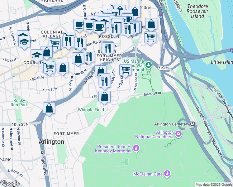 map of restaurants, bars, coffee shops, grocery stores, and more near 1500 12th Street North in Arlington