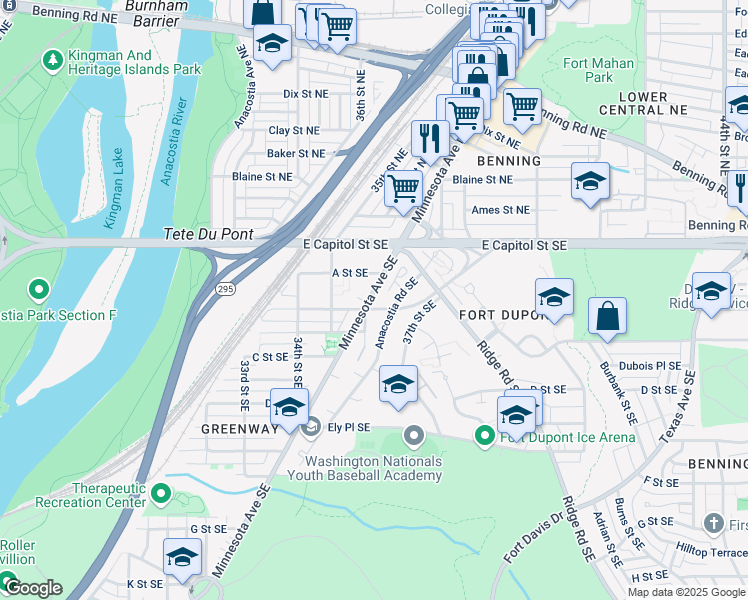 map of restaurants, bars, coffee shops, grocery stores, and more near 3605 Minnesota Avenue Southeast in Washington