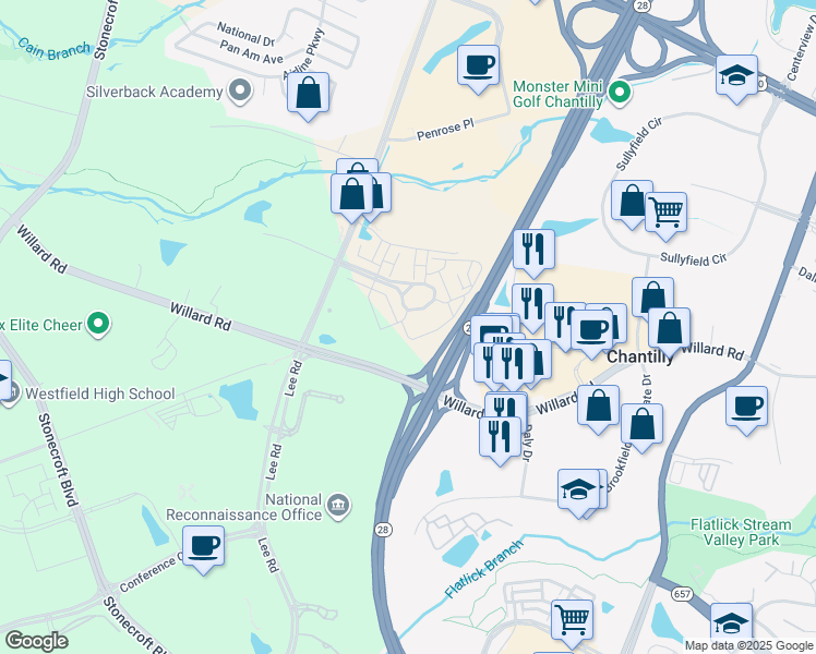 map of restaurants, bars, coffee shops, grocery stores, and more near 14501 George Carter Way in Chantilly