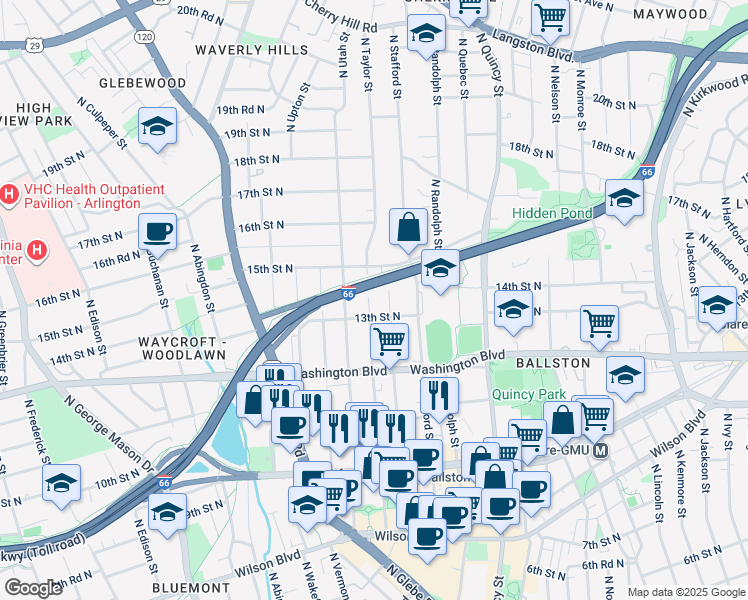 map of restaurants, bars, coffee shops, grocery stores, and more near 1317 North Taylor Street in Arlington