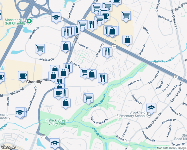 map of restaurants, bars, coffee shops, grocery stores, and more near 13985 Khalid Lane in Chantilly