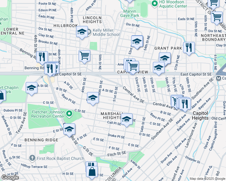 map of restaurants, bars, coffee shops, grocery stores, and more near 5050 A Street Southeast in Washington
