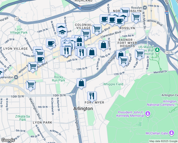 map of restaurants, bars, coffee shops, grocery stores, and more near 1210 North Taft Street in Arlington