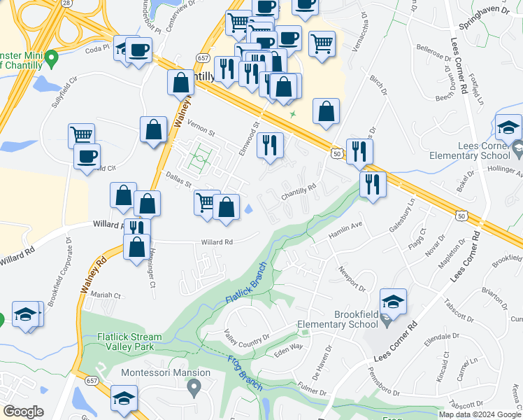 map of restaurants, bars, coffee shops, grocery stores, and more near 4184 Pleasant Meadow Court in Chantilly