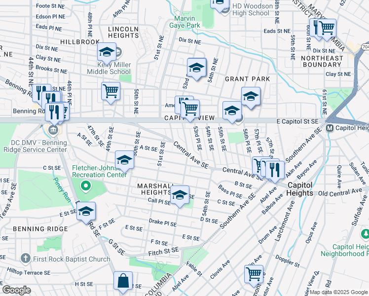 map of restaurants, bars, coffee shops, grocery stores, and more near 5236 Central Avenue Southeast in Washington