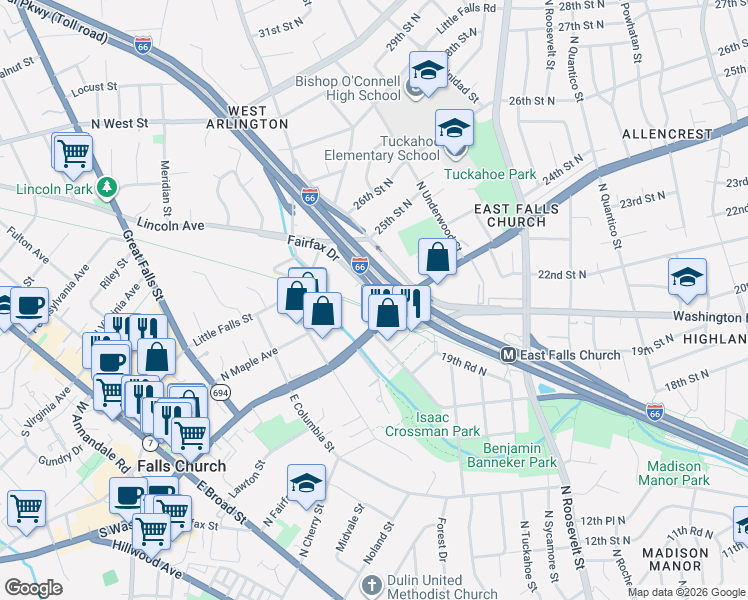 map of restaurants, bars, coffee shops, grocery stores, and more near 6916 Fairfax Drive in Arlington