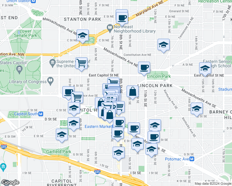 map of restaurants, bars, coffee shops, grocery stores, and more near 710 North Carolina Avenue Southeast in Washington