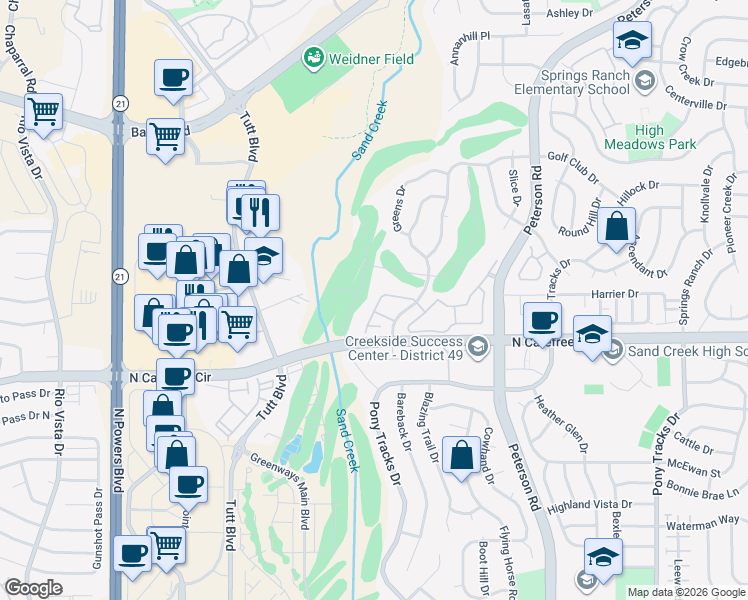 map of restaurants, bars, coffee shops, grocery stores, and more near 6584 Range Overlook Heights in Colorado Springs