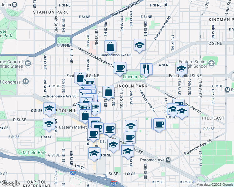 map of restaurants, bars, coffee shops, grocery stores, and more near 101 Independence Avenue Southeast in Washington