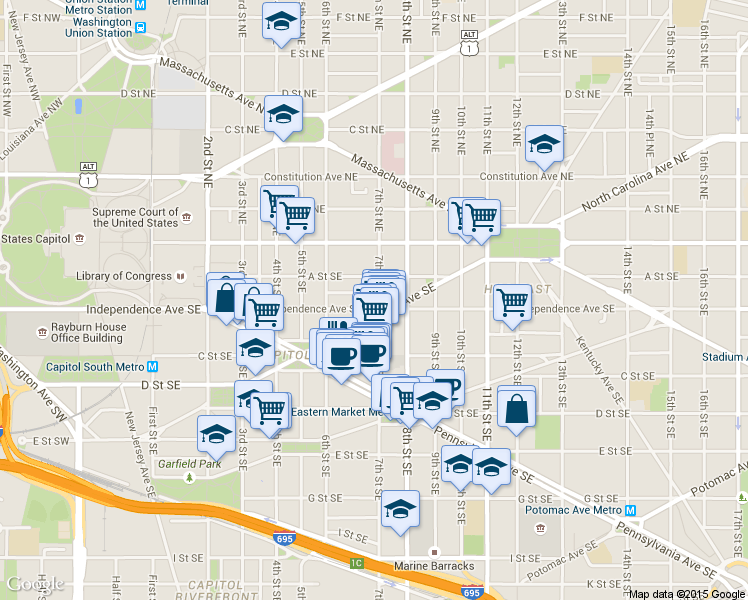 map of restaurants, bars, coffee shops, grocery stores, and more near 101 Independence Avenue Southeast in Washington