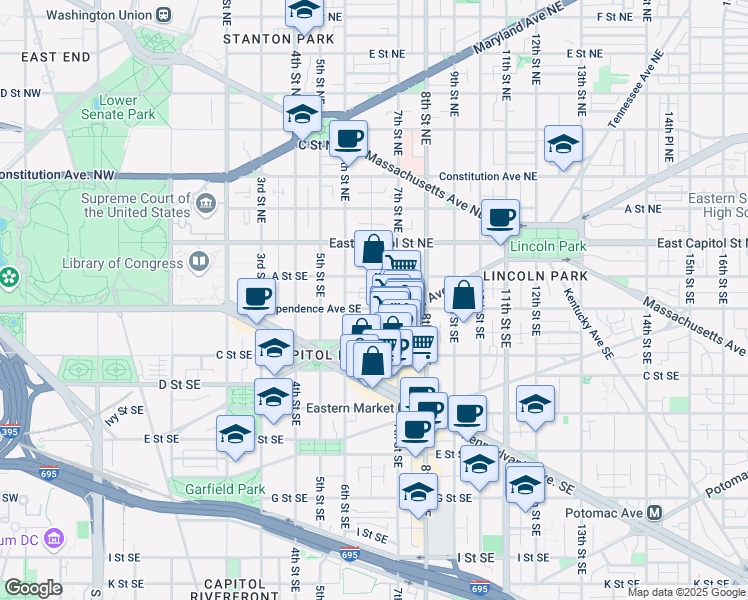 map of restaurants, bars, coffee shops, grocery stores, and more near 101 Independence Avenue Southeast in Washington