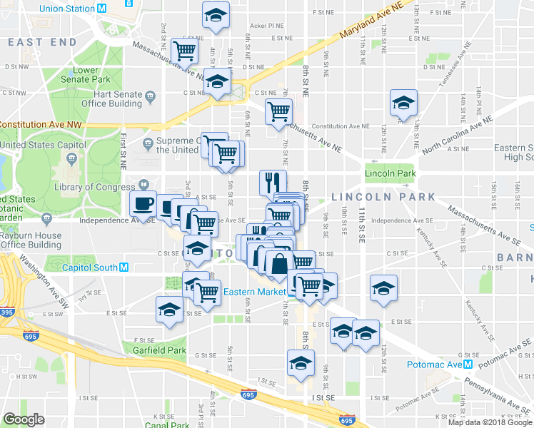 map of restaurants, bars, coffee shops, grocery stores, and more near 101 Independence Avenue Southeast in Washington