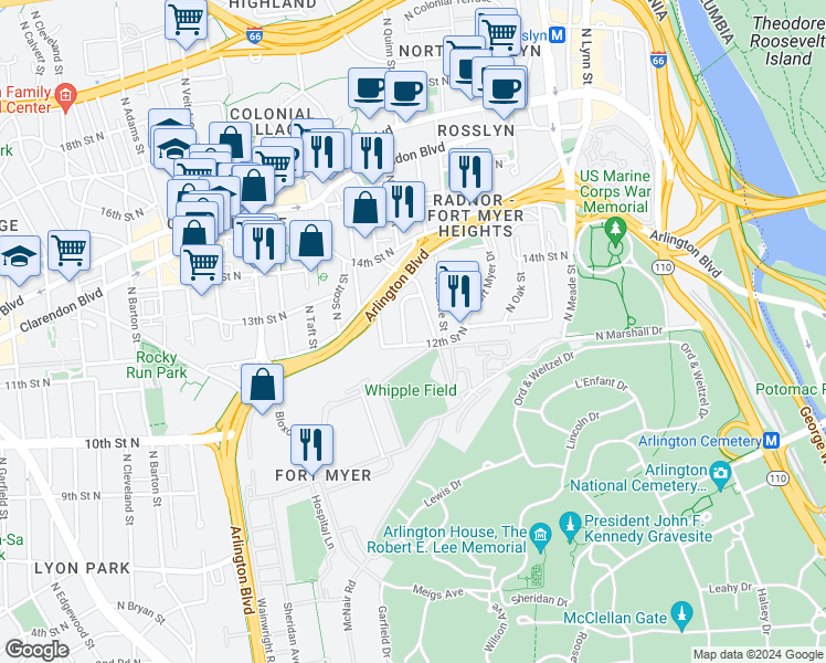 map of restaurants, bars, coffee shops, grocery stores, and more near 101 Independence Avenue Southeast in Washington