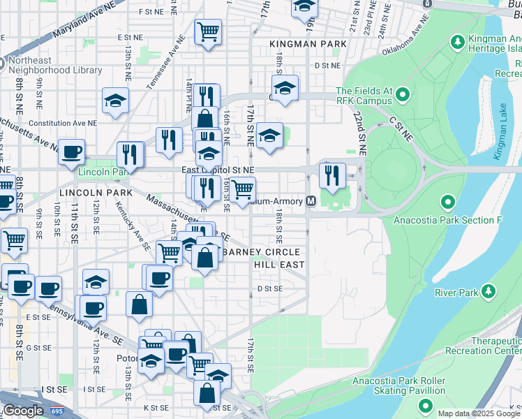 map of restaurants, bars, coffee shops, grocery stores, and more near 1718 Independence Avenue Southeast in Washington