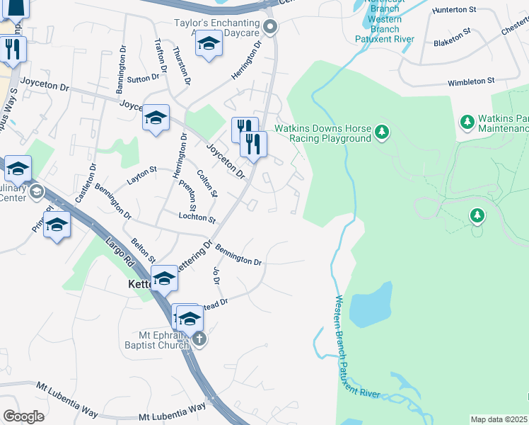 map of restaurants, bars, coffee shops, grocery stores, and more near Firethorn Court in Upper Marlboro