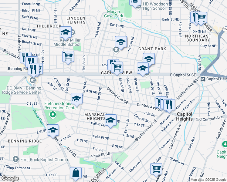 map of restaurants, bars, coffee shops, grocery stores, and more near 5236 Central Avenue Southeast in Washington