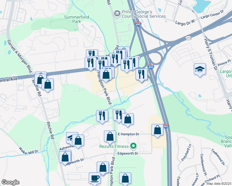 map of restaurants, bars, coffee shops, grocery stores, and more near 150 Hampton Park Boulevard in Capitol Heights