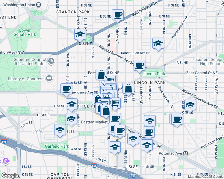 map of restaurants, bars, coffee shops, grocery stores, and more near 710 North Carolina Avenue Southeast in Washington