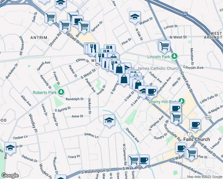 map of restaurants, bars, coffee shops, grocery stores, and more near 116 South Spring Street in Falls Church