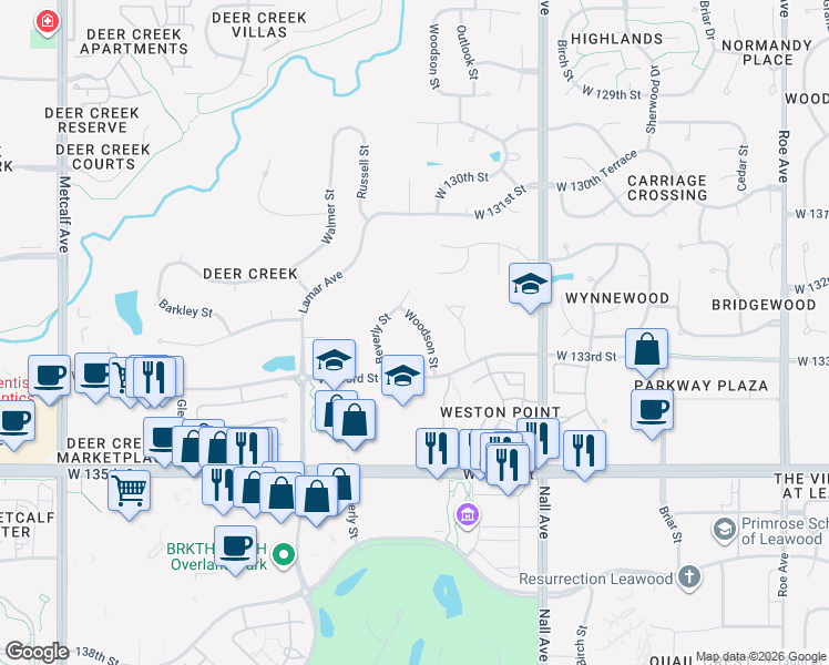 map of restaurants, bars, coffee shops, grocery stores, and more near 13223 Beverly Street in Leawood