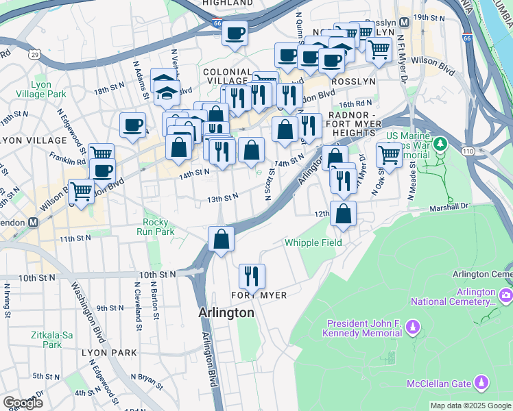 map of restaurants, bars, coffee shops, grocery stores, and more near 1209I North Taft Street in Arlington