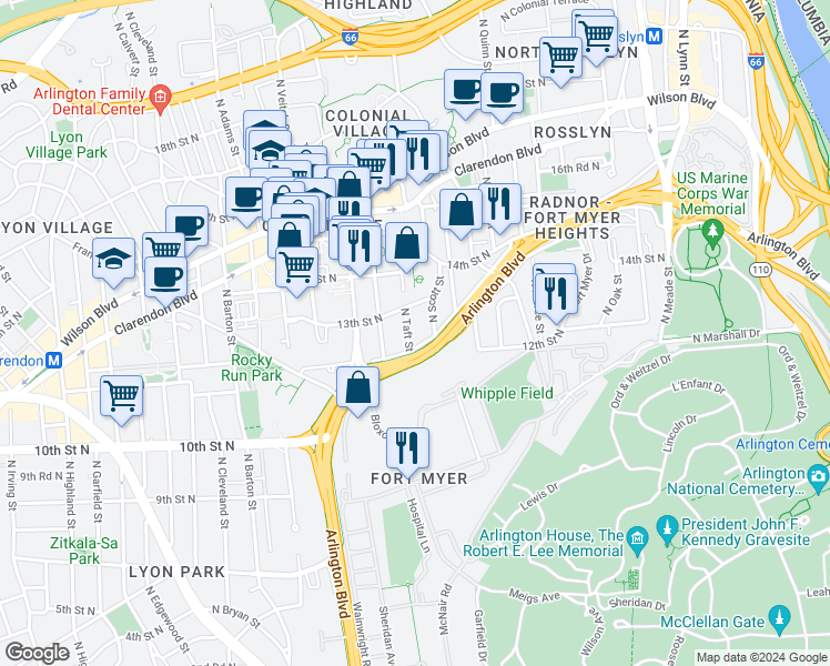 map of restaurants, bars, coffee shops, grocery stores, and more near 1209I North Taft Street in Arlington