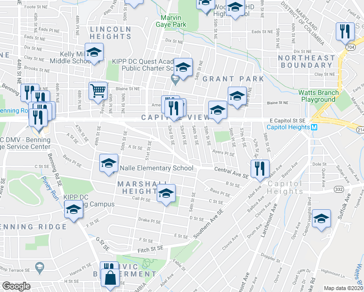 map of restaurants, bars, coffee shops, grocery stores, and more near 53 53rd Place Southeast in Washington