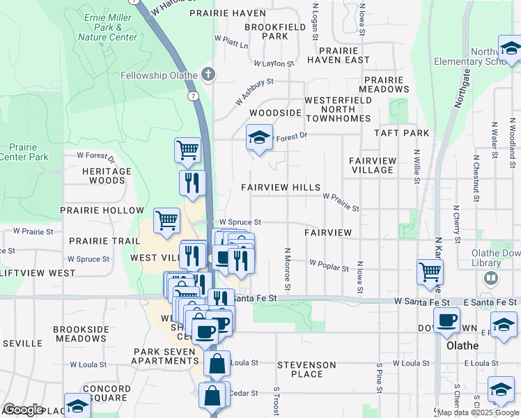 map of restaurants, bars, coffee shops, grocery stores, and more near 920 West Spruce Street in Olathe