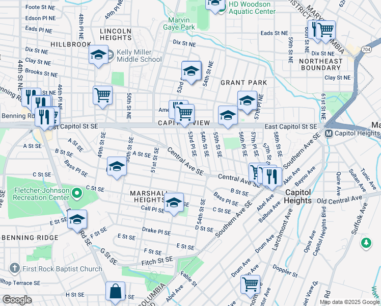 map of restaurants, bars, coffee shops, grocery stores, and more near 53 53rd Place Southeast in Washington