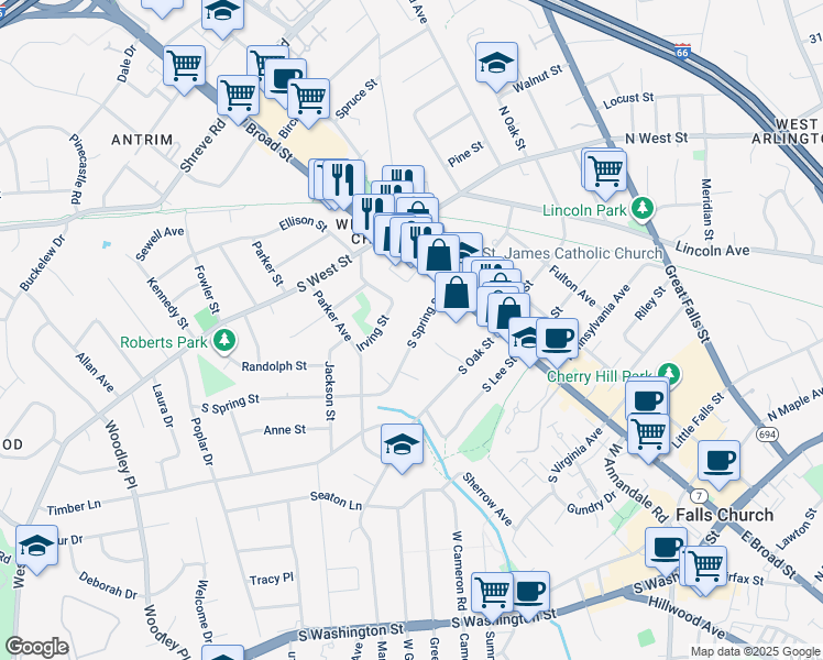 map of restaurants, bars, coffee shops, grocery stores, and more near 116 South Spring Street in Falls Church