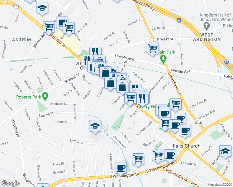 map of restaurants, bars, coffee shops, grocery stores, and more near 803 West Broad Street in Falls Church