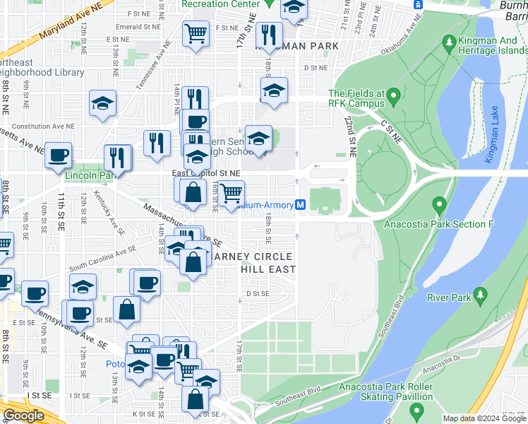 map of restaurants, bars, coffee shops, grocery stores, and more near 121 18th Street Southeast in Washington