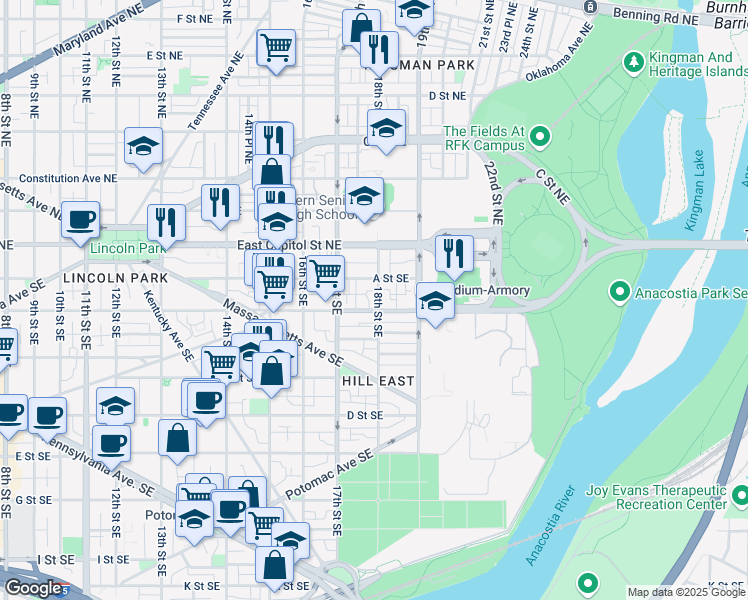 map of restaurants, bars, coffee shops, grocery stores, and more near 121 18th Street Southeast in Washington