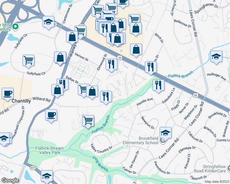 map of restaurants, bars, coffee shops, grocery stores, and more near 4107 Pleasant Meadow Court in Chantilly