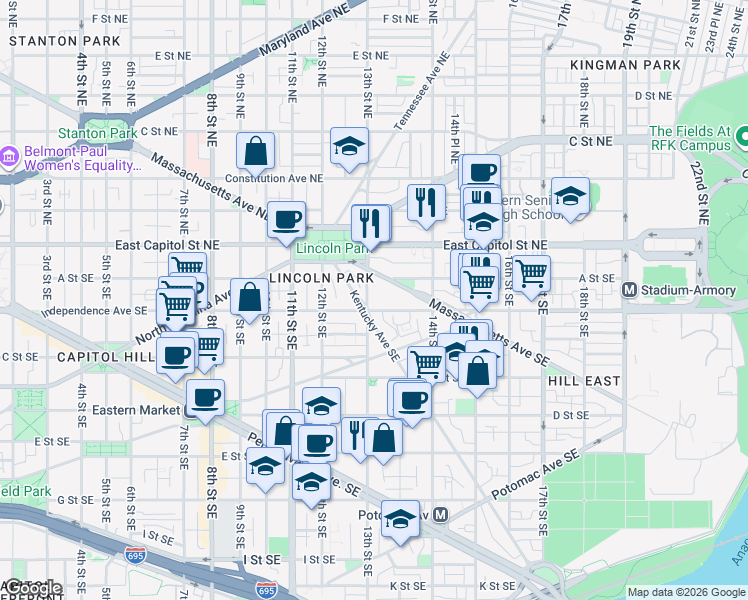 map of restaurants, bars, coffee shops, grocery stores, and more near 146 13th Street Southeast in Washington