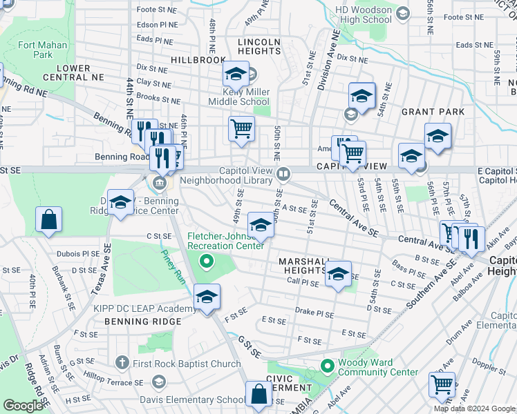 map of restaurants, bars, coffee shops, grocery stores, and more near 4923 1/2 A Street Southeast in Washington