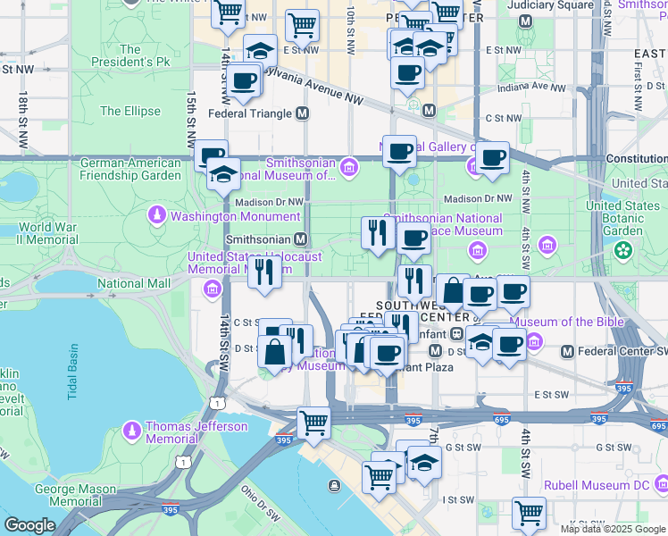 map of restaurants, bars, coffee shops, grocery stores, and more near 1200 Jefferson Drive Southwest in Washington